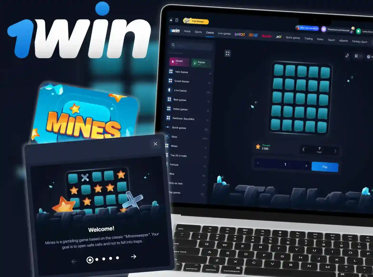 1win Mines game interface showing 5x5 grid with bombs and multipliers for Bangladesh players