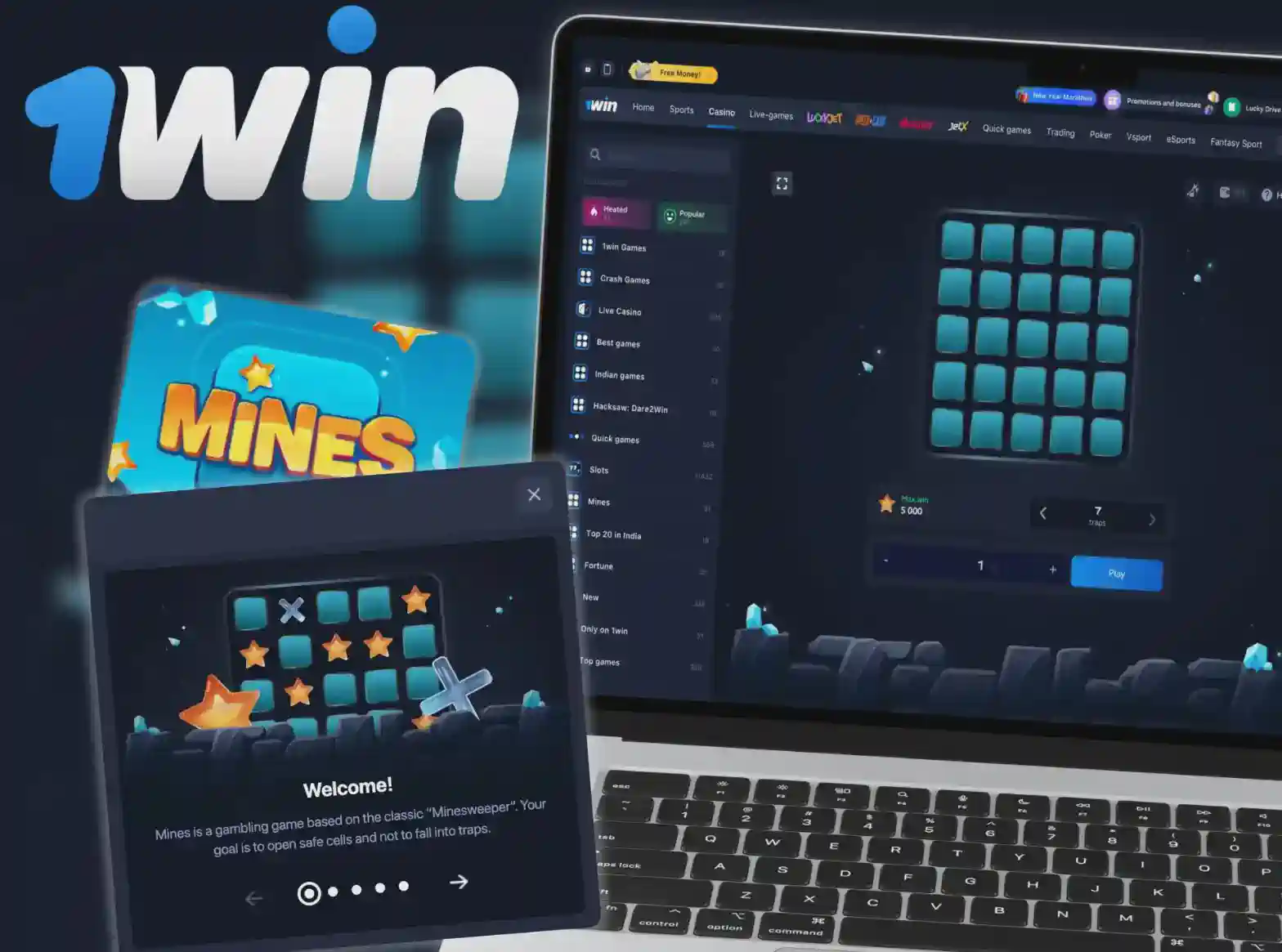 1win Mines game interface showing 5x5 grid with bombs and multipliers for Bangladesh players