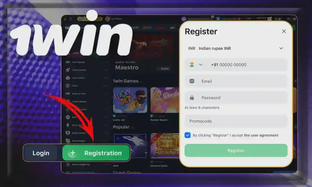 Visual guide showing 5 steps of 1win account creation process